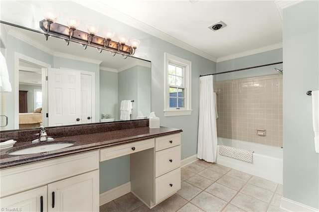 5001 Edinborough Rd, Greensboro, NC 27406 - ensuite bathroom with shower / bath combo, connected bathroom, crown molding, baseboards, and vanity