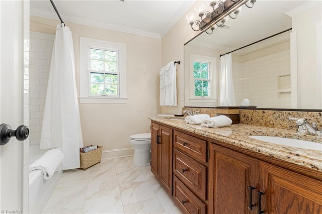 5001 Edinborough Rd, Greensboro, NC 27406 - bathroom with a wealth of natural light, toilet, crown molding, and a sink