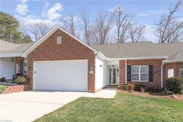 single story home featuring brick siding, a shingled roof, concrete driveway, a front yard, and a garage