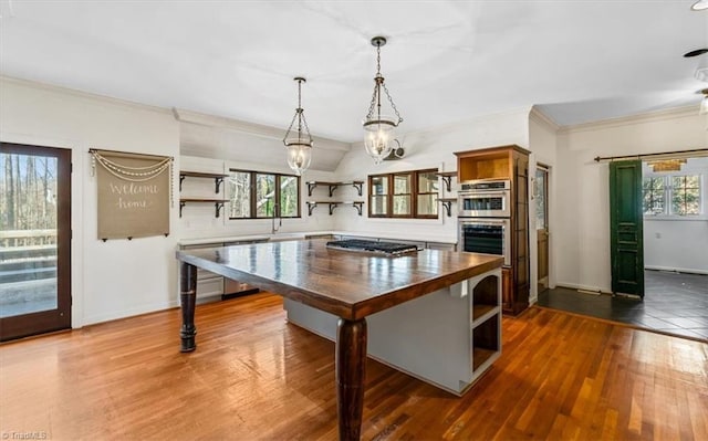 kitchen featuring plenty of natural light, an inviting chandelier, stainless steel appliances, and hardwood / wood-style flooring