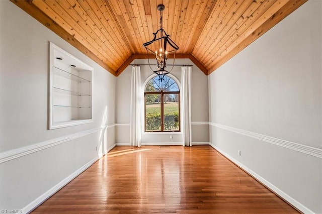 spare room featuring lofted ceiling, an inviting chandelier, wood ceiling, and hardwood / wood-style floors