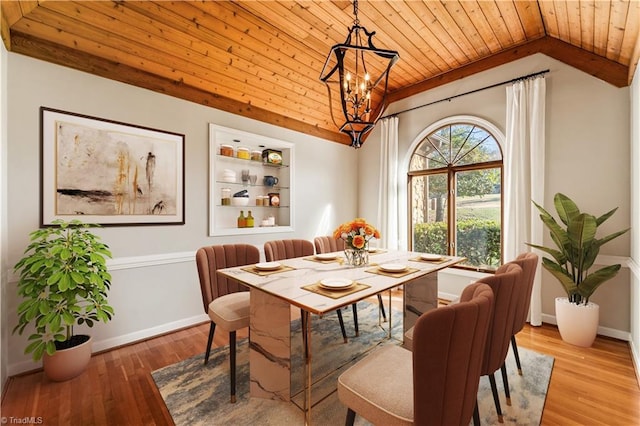 dining room featuring hardwood / wood-style flooring, vaulted ceiling, wood ceiling, and an inviting chandelier