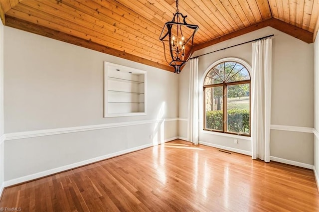 unfurnished room with lofted ceiling, light hardwood / wood-style flooring, built in features, wood ceiling, and a chandelier