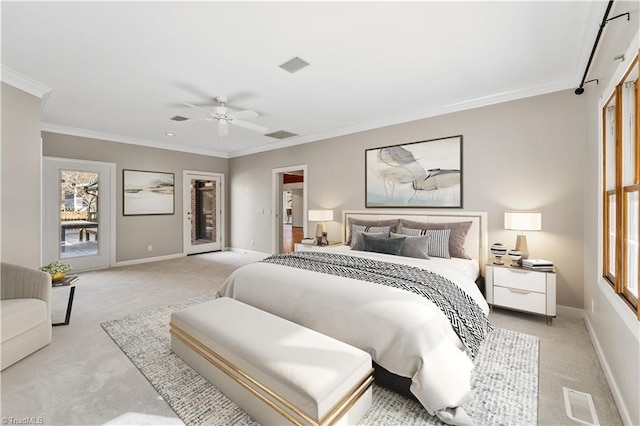 carpeted bedroom with ceiling fan, access to exterior, crown molding, and multiple windows