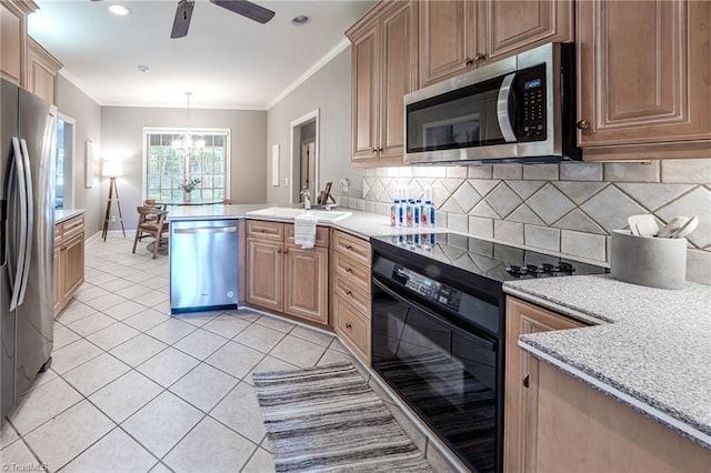 2809 Churchill Ct, High Point, NC 27262 - kitchen featuring stainless steel appliances, light tile patterned floors, a peninsula, backsplash, and ceiling fan