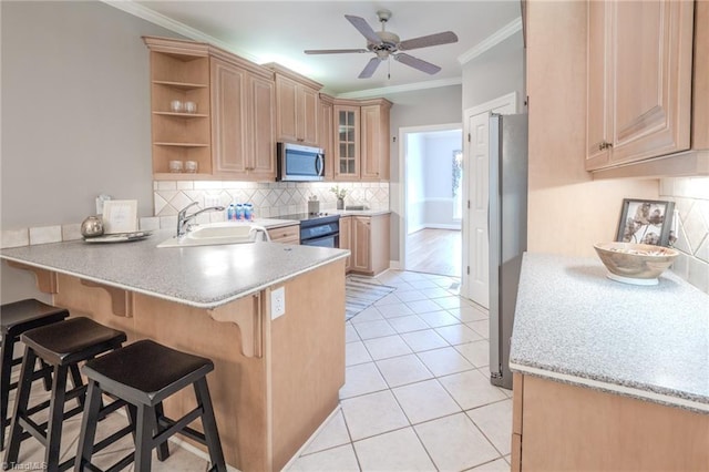 2809 Churchill Ct, High Point, NC 27262 - kitchen featuring stainless steel appliances, a peninsula, open shelves, a sink, and crown molding