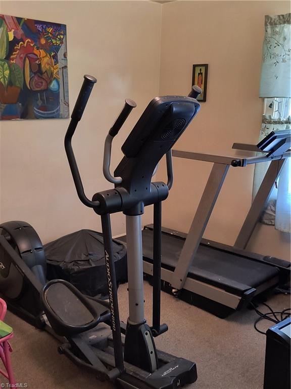 workout room featuring carpet floors