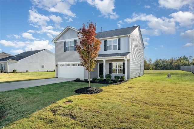 view of front of property with a garage and a front lawn