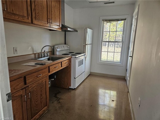 kitchen with electric stove, sink, and range hood