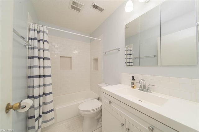 full bathroom featuring toilet, decorative backsplash, shower / tub combo, and vanity