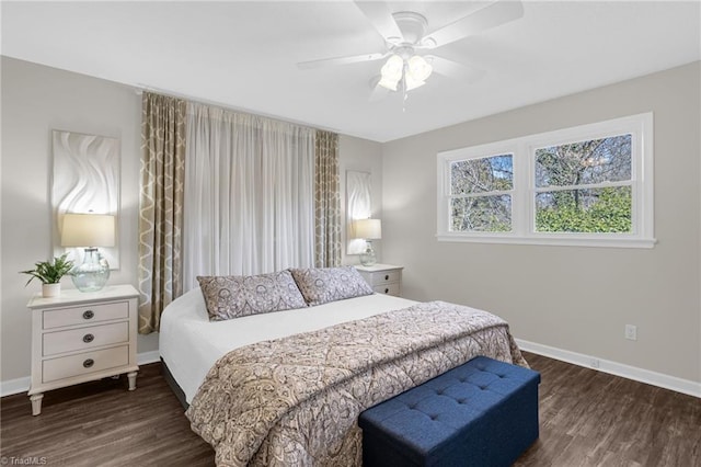 bedroom featuring dark hardwood / wood-style floors and ceiling fan