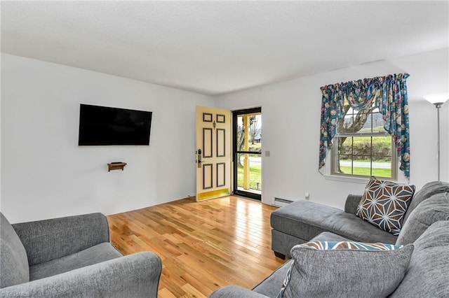 living room with wood-type flooring and a baseboard radiator