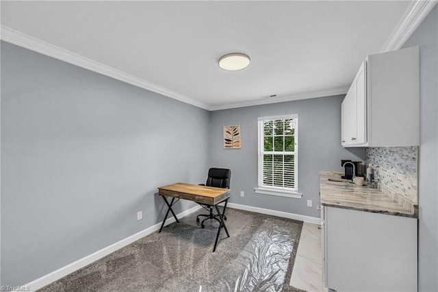 home office with ornamental molding