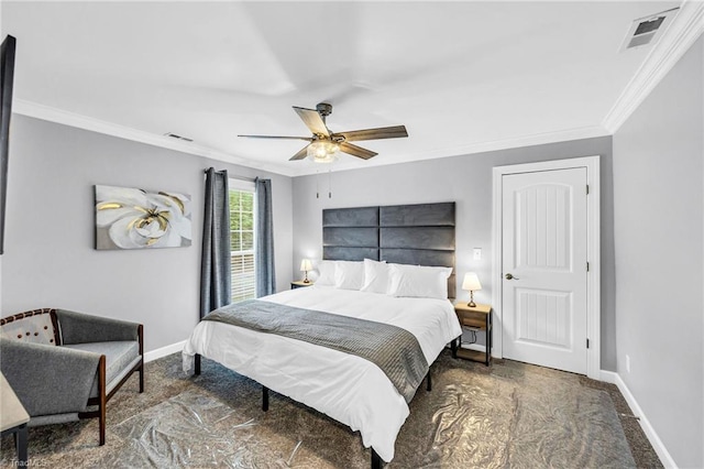 bedroom with crown molding and ceiling fan