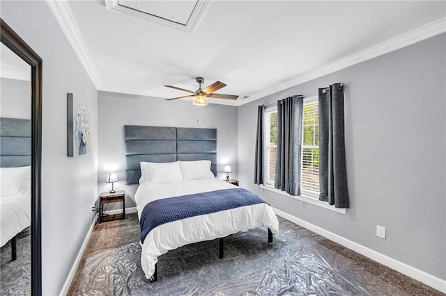 bedroom with ornamental molding, dark carpet, and ceiling fan