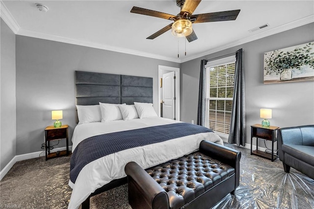 bedroom featuring ornamental molding and ceiling fan