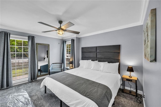 bedroom featuring crown molding, ceiling fan, and dark carpet