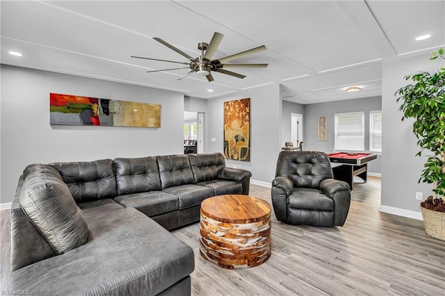 living room with hardwood / wood-style floors, pool table, a wealth of natural light, and ceiling fan