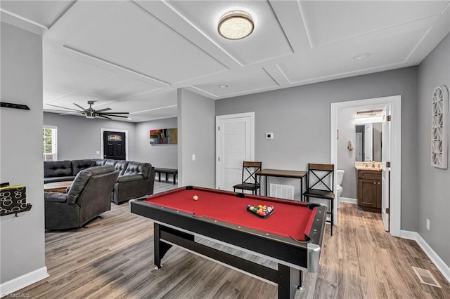 rec room featuring hardwood / wood-style floors, billiards, and ceiling fan