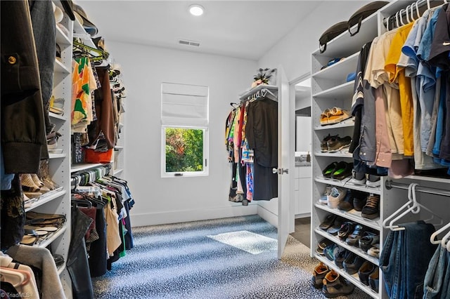 walk in closet with carpet floors