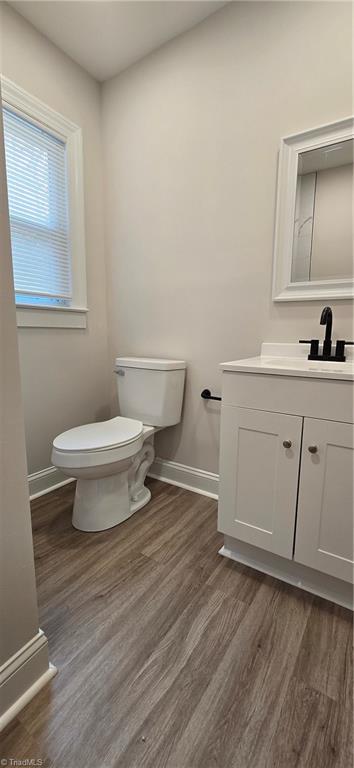 bathroom featuring hardwood / wood-style flooring, vanity, and toilet