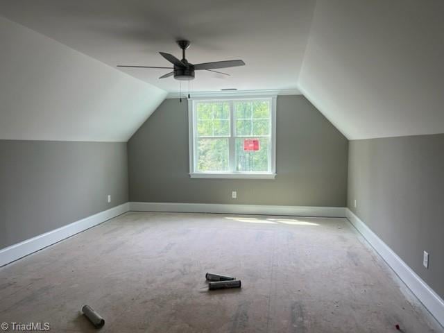 bonus room featuring ceiling fan and vaulted ceiling