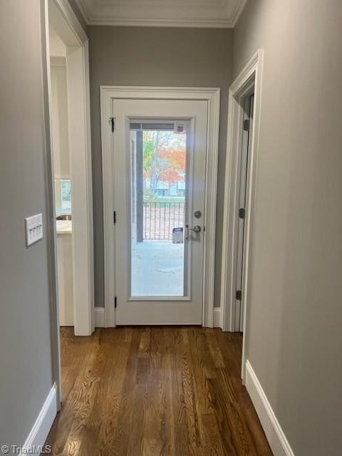 entryway featuring crown molding and dark hardwood / wood-style floors