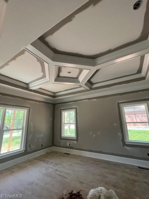 carpeted spare room with coffered ceiling and ornamental molding