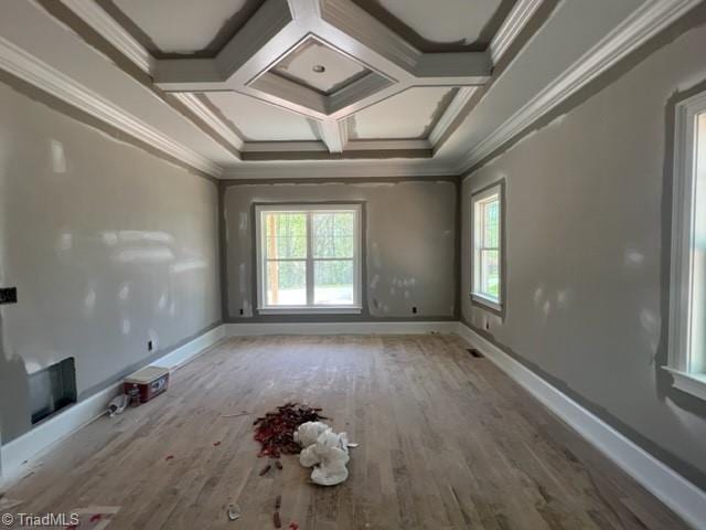 unfurnished room with ornamental molding, a healthy amount of sunlight, and hardwood / wood-style floors