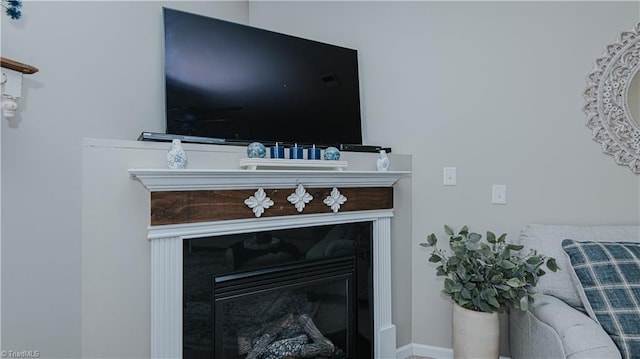 room details featuring a glass covered fireplace