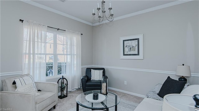 living area with baseboards, a notable chandelier, ornamental molding, and carpet flooring