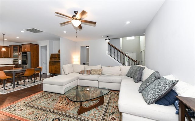 1117 Magenta Way, Kernersville, NC 27284 - living room featuring stairs, ceiling fan, dark wood finished floors, and recessed lighting