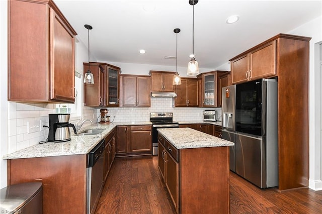 1117 Magenta Way, Kernersville, NC 27284 - kitchen with appliances with stainless steel finishes, under cabinet range hood, a sink, dark wood-type flooring, and recessed lighting