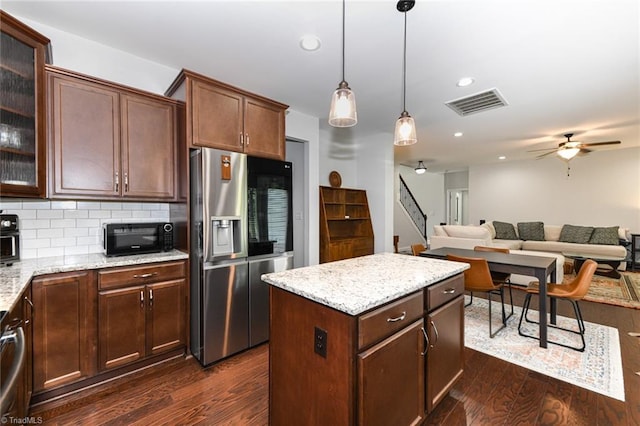 1117 Magenta Way, Kernersville, NC 27284 - kitchen featuring stainless steel fridge, dark wood-style flooring, black microwave, a ceiling fan, and recessed lighting