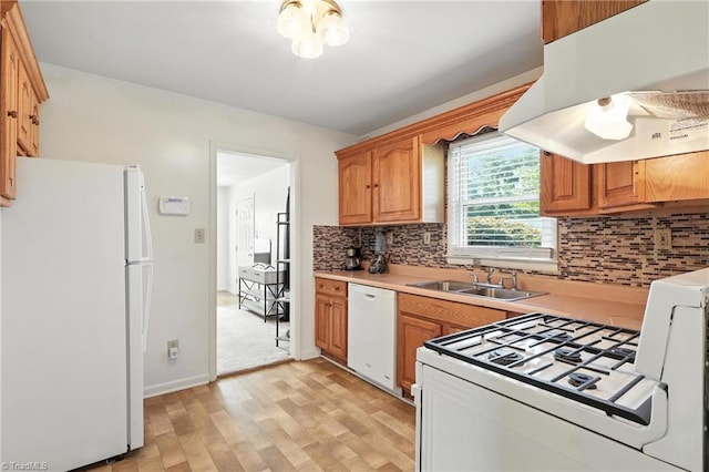 827 Woodcote Dr, Winston-Salem, NC 27107 - kitchen with white appliances, extractor fan, decorative backsplash, and light wood-type flooring