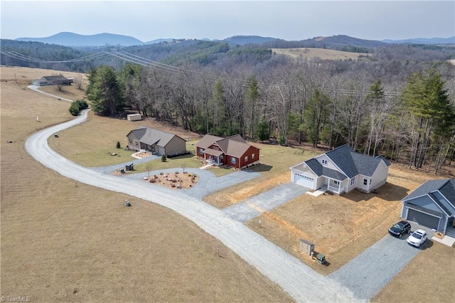 birds eye view of property with a mountain view and a view of trees