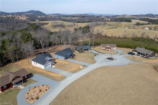 drone / aerial view featuring a mountain view