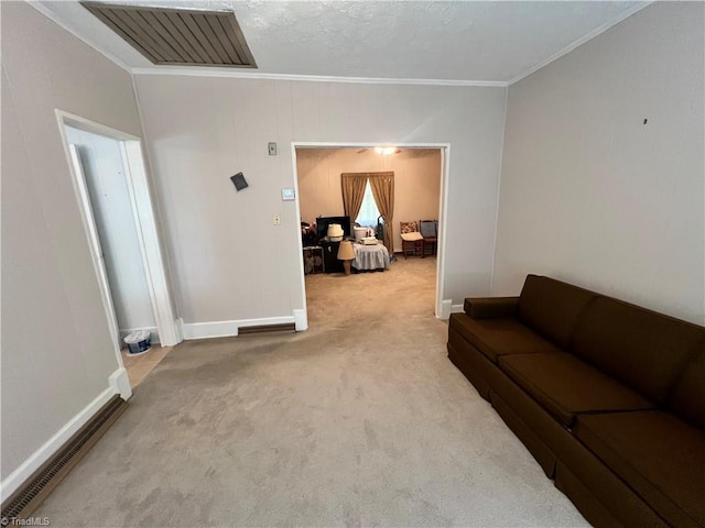 living room with crown molding, carpet flooring, and baseboards