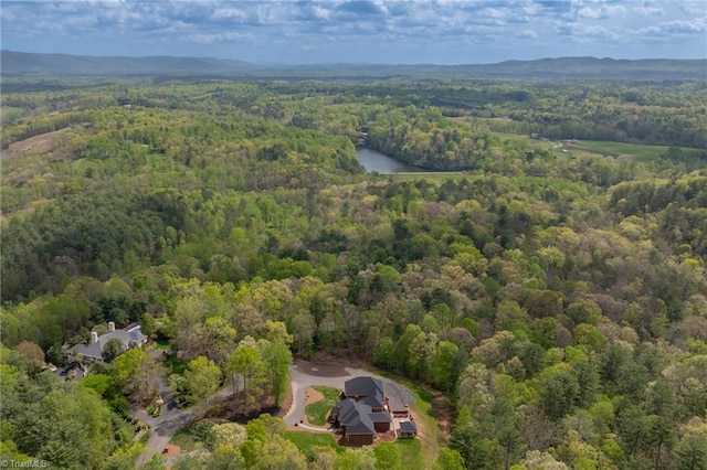 bird's eye view with a water view and a wooded view