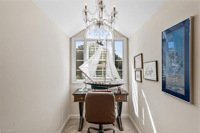 2515 E Woodlyn Way, Greensboro, NC 27407 - office space featuring a chandelier, baseboards, lofted ceiling, and carpet flooring