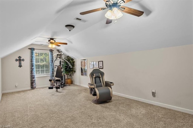 2515 E Woodlyn Way, Greensboro, NC 27407 - workout room featuring ceiling fan, carpet floors, lofted ceiling, and baseboards