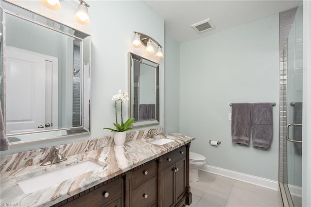 bathroom with tile patterned flooring, vanity, toilet, and a shower with shower door