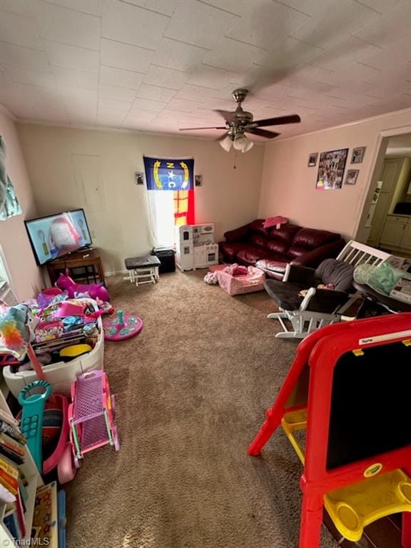 game room featuring ceiling fan and carpet floors