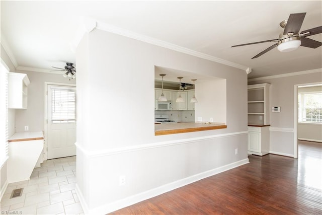 interior space with hardwood / wood-style flooring, ceiling fan, and crown molding