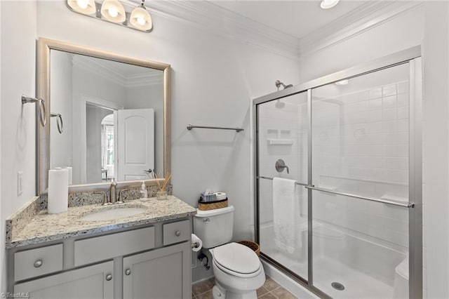 bathroom with tile patterned flooring, vanity, toilet, and an enclosed shower