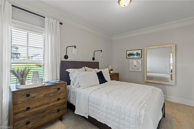 bedroom featuring carpet floors and ornamental molding