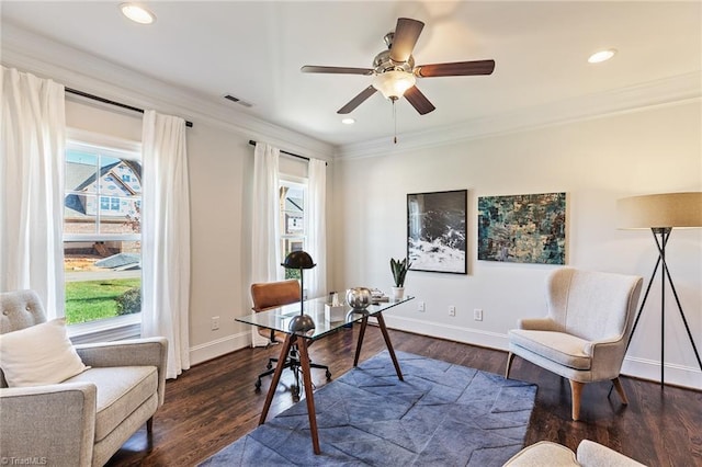 home office with ceiling fan, crown molding, and dark wood-type flooring