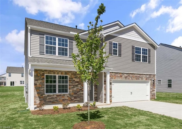 view of front facade with stone siding, concrete driveway, and a front yard