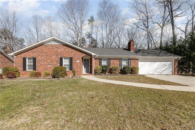 ranch-style home with a garage and a front lawn