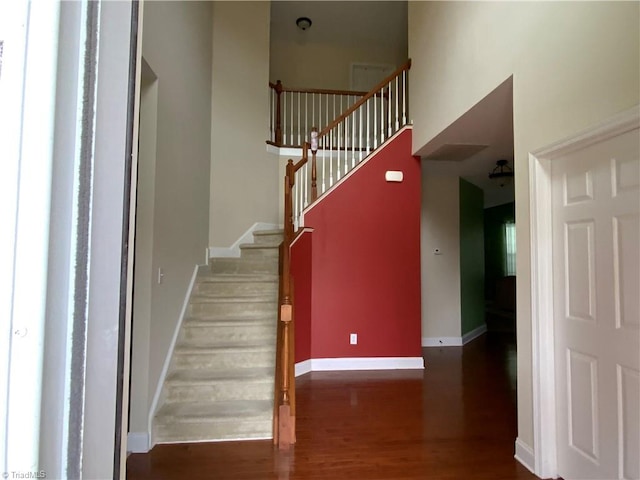 staircase with hardwood / wood-style flooring